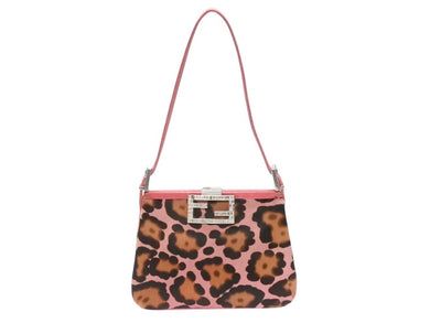 FENDI フェンディ ハラコ ワンショルダーバッグ ピンク ラインストーン レザー レオパード柄 シルバー金具 良品 中古 4b006310