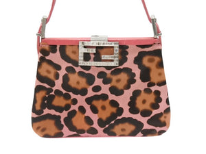 FENDI フェンディ ハラコ ワンショルダーバッグ ピンク ラインストーン レザー レオパード柄 シルバー金具 良品 中古 4b006310