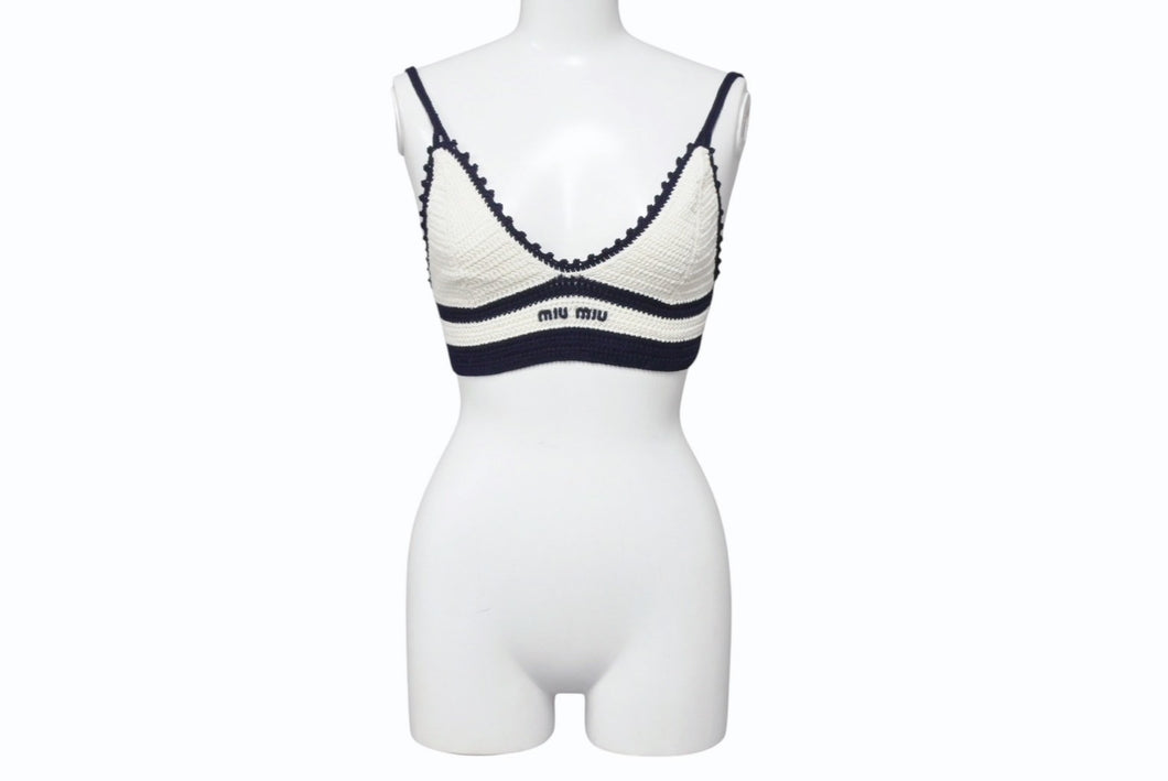 新品同様 MIUMIU ミュウミュウ Cotton bralette コットンブラレット ブラジャー トップス 2024-2025AW ホワイト ネイビー サイズ38 中古 4b006323