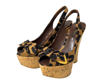 LOUIS VUITTON ルイヴィトン レオパード柄 サンダル ウェッジソール ブラウン ブラック ゴールド金具 サイズ34 1/2 美品 中古 4b006409