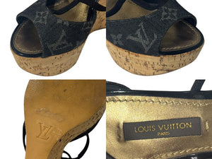 LOUIS VUITTON モノグラムデニム サンダル ウェッジソール DE0131 ブラック ゴールド サイズ35 美品 中古 4b006410