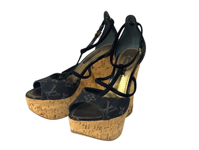 LOUIS VUITTON モノグラムデニム サンダル ウェッジソール DE0131 ブラック ゴールド サイズ35 美品 中古 4b006410