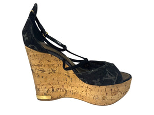 LOUIS VUITTON モノグラムデニム サンダル ウェッジソール DE0131 ブラック ゴールド サイズ35 美品 中古 4b006410