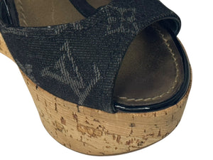 LOUIS VUITTON モノグラムデニム サンダル ウェッジソール DE0131 ブラック ゴールド サイズ35 美品 中古 4b006410