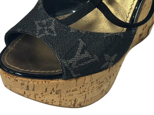 LOUIS VUITTON モノグラムデニム サンダル ウェッジソール DE0131 ブラック ゴールド サイズ35 美品 中古 4b006410
