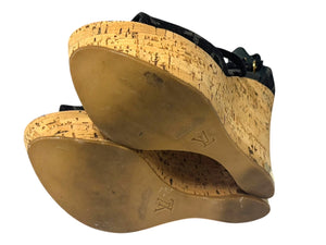 LOUIS VUITTON モノグラムデニム サンダル ウェッジソール DE0131 ブラック ゴールド サイズ35 美品 中古 4b006410