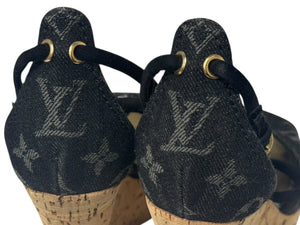 LOUIS VUITTON モノグラムデニム サンダル ウェッジソール DE0131 ブラック ゴールド サイズ35 美品 中古 4b006410