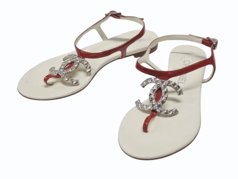 CHANEL シャネル パテント ココマーク トングサンダル パンプス パテントレザー アイボリー レッド サイズ35 1/2 美品 中古 4b006414