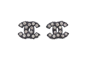 極美品 CHANEL シャネル Coco Mark ココマーク ピアス 02A 刻印 3.1g ラインストーン ブラックカラー アクセサリー 中古 4b006444