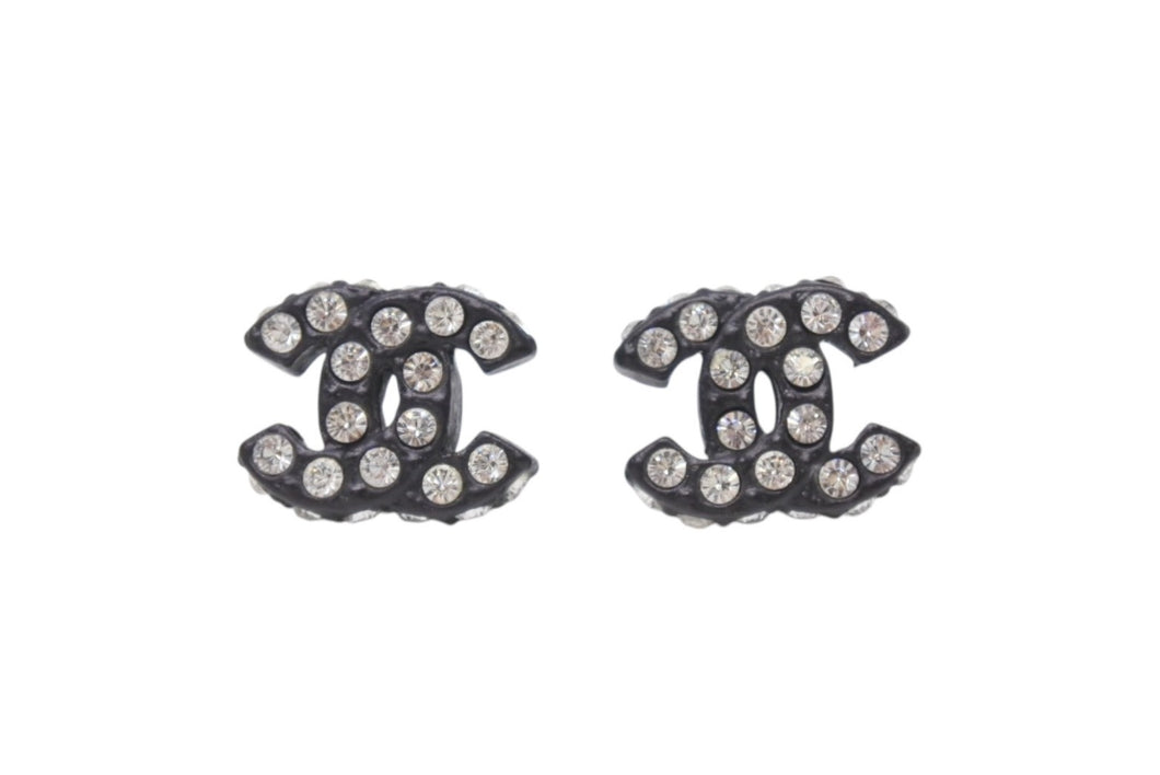 極美品 CHANEL シャネル Coco Mark ココマーク ピアス 02A 刻印 3.1g ラインストーン ブラックカラー アクセサリー 中古 4b006444