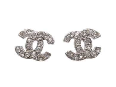 極美品 CHANEL シャネル ココマーク ピアス 両耳 03A刻印 フランス製 メタル ラインストーン シルバー金具 3.4g 中古 4b006453