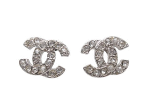 極美品 CHANEL シャネル ココマーク ピアス 両耳 03A刻印 フランス製 メタル ラインストーン シルバー金具 3.4g 中古 4b006453
