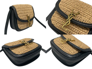 極美品 YVES SAINT LAURENT イヴサンローラン カイラ ミニショルダーバッグ 634818 ラフィア レザー ベージュ ゴールド金具 中古 4b006528