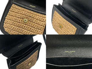極美品 YVES SAINT LAURENT イヴサンローラン カイラ ミニショルダーバッグ 634818 ラフィア レザー ベージュ ゴールド金具 中古 4b006528