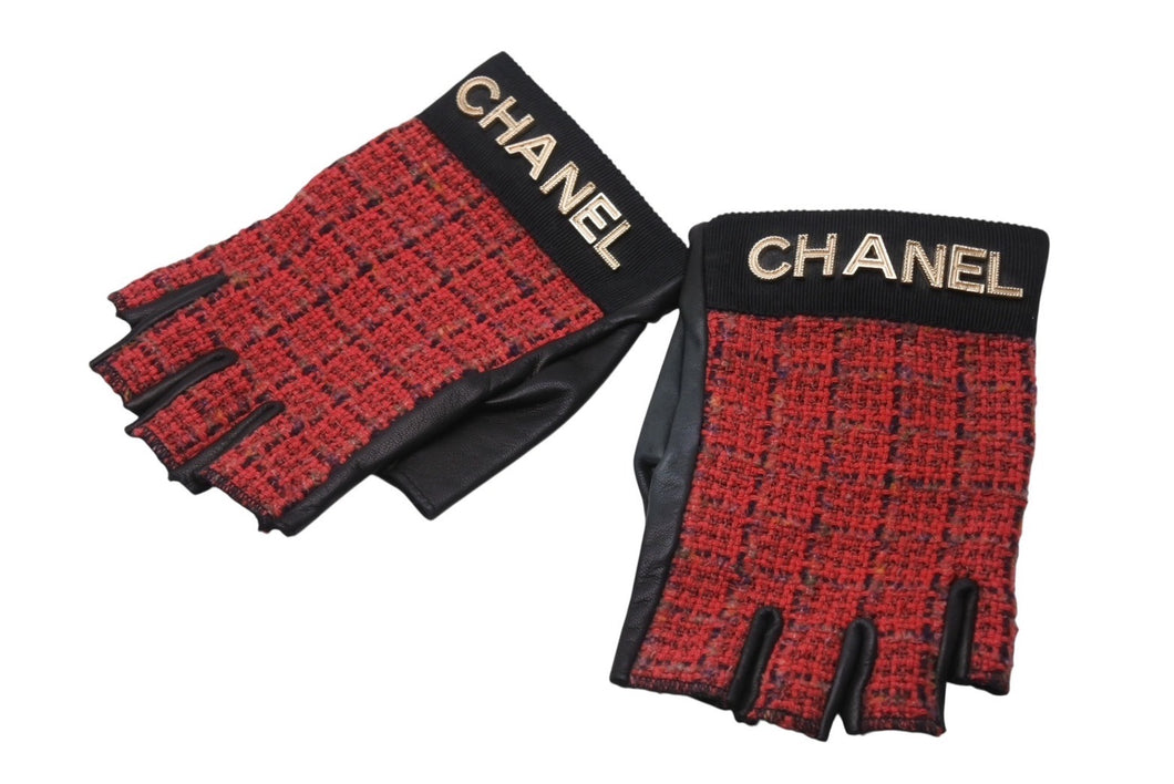 極美品 CHANEL シャネル フィンガーレスグローブ 手袋 ツイード レザー ブラック レッド ゴールド金具 中古 4b006530