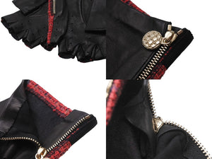 極美品 CHANEL シャネル フィンガーレスグローブ 手袋 ツイード レザー ブラック レッド ゴールド金具 中古 4b006530