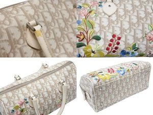 Christian Dior クリスチャンディオール ミニボストン ハンドバッグ トロッター 花柄刺繍 キャンバス レザー ベージュ 美品 中古 4b006539
