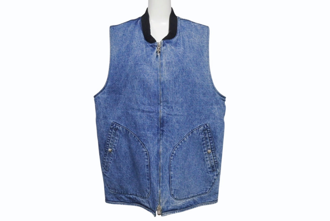 極美品 CHROME HEARTS クロムハーツ VEST-M-HOMER ホーマー デニムボアベスト サイズL ダガージップ クロスボール ブルー 中古 4b006558