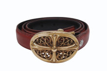 Load image into Gallery viewer, CHROME HEARTS クロムハーツ ベルト バックル クラシックオーバルクロス スモール ブロンズ レザー レッド サイズ34 美品 中古 4b006562