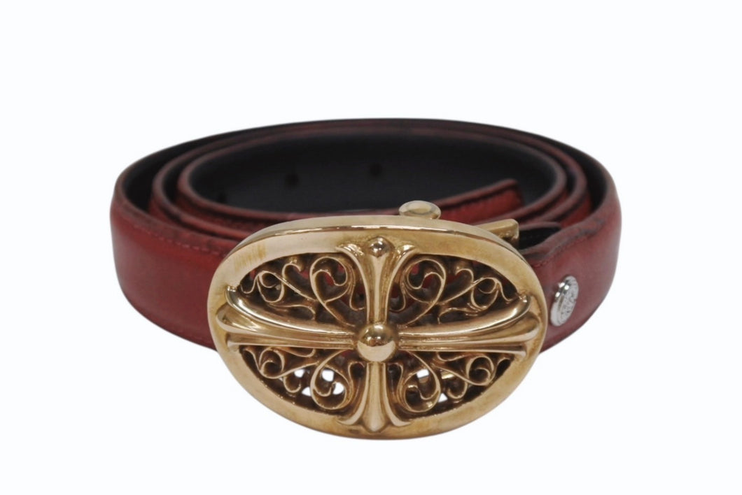 CHROME HEARTS クロムハーツ ベルト バックル クラシックオーバルクロス スモール ブロンズ レザー レッド サイズ34 美品 中古 4b006562