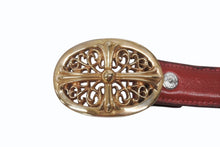 Load image into Gallery viewer, CHROME HEARTS クロムハーツ ベルト バックル クラシックオーバルクロス スモール ブロンズ レザー レッド サイズ34 美品 中古 4b006562