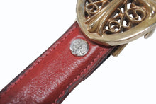 Load image into Gallery viewer, CHROME HEARTS クロムハーツ ベルト バックル クラシックオーバルクロス スモール ブロンズ レザー レッド サイズ34 美品 中古 4b006562