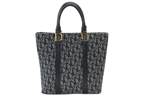 Christian Dior クリスチャンディオール トロッター ハンドバッグ ガリアーノ期 BO B 0071 ネイビー ゴールド金具 美品 中古 4b006632
