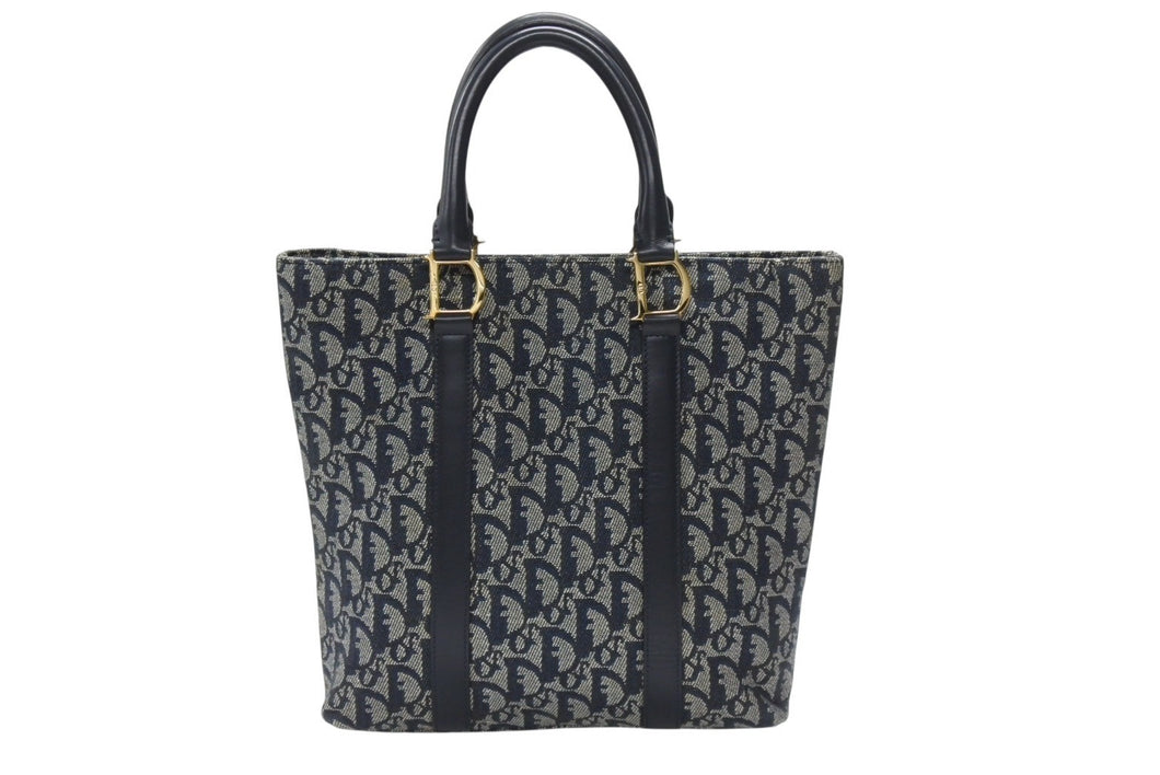 Christian Dior クリスチャンディオール トロッター ハンドバッグ ガリアーノ期 BO B 0071 ネイビー ゴールド金具 美品 中古 4b006632