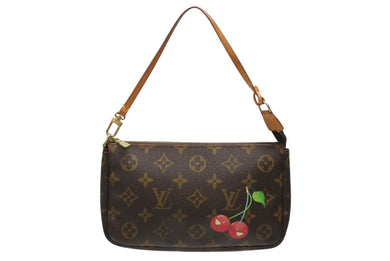極美品 LOUIS VUITTON ルイヴィトン 村上隆 モノグラム チェリー ポシェット アクセソワール アクセポ ブラウン ロゴ M95008 中古 4b006640