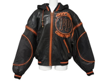 画像をギャラリービューアに読み込む, pellepelle ペレペレ フーディ レザージャケット 刺繍ロゴ サイズ38 ブラック オレンジ 美品 中古 4b006654 