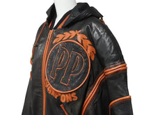 画像をギャラリービューアに読み込む, pellepelle ペレペレ フーディ レザージャケット 刺繍ロゴ サイズ38 ブラック オレンジ 美品 中古 4b006654 