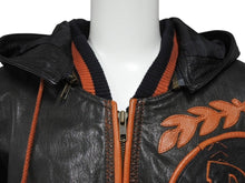 画像をギャラリービューアに読み込む, pellepelle ペレペレ フーディ レザージャケット 刺繍ロゴ サイズ38 ブラック オレンジ 美品 中古 4b006654 