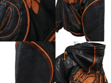 画像をギャラリービューアに読み込む, pellepelle ペレペレ フーディ レザージャケット 刺繍ロゴ サイズ38 ブラック オレンジ 美品 中古 4b006654 