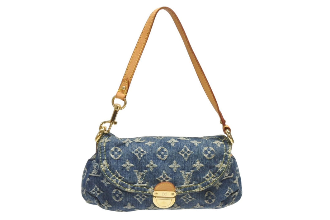 極美品 LOUIS VUITTON ルイヴィトン ミニプリーティ ワンショルダーバッグ M95050 モノグラム デニム レザー ゴールド金具 中古 4b006656