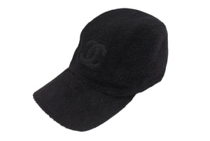 CHANEL シャネル パイル キャップ ハット 帽子 サイズM ココマーク コットン ブラック 美品 中古 4b006657