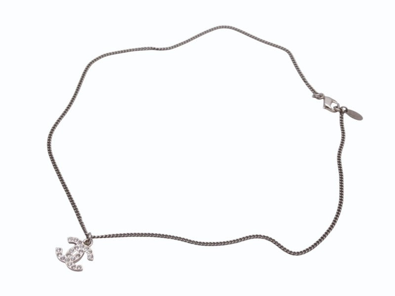 極美品 CHANEL シャネル ココマーク ネックレス C12V刻印 6.0g メタル ラインストーン シルバー 中古 4b006757