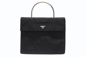 PRADA プラダ ハンドバッグ トライアングルロゴ B7003 メタルハンドル テスート ブラック 美品 中古 4b006760