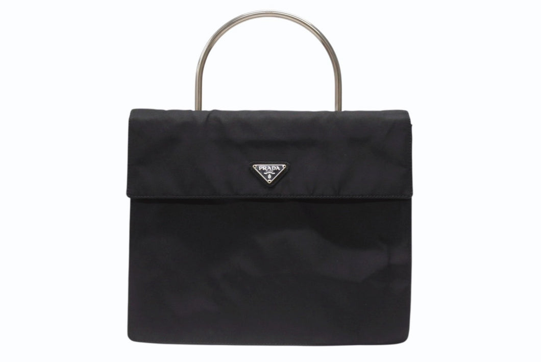 PRADA プラダ ハンドバッグ トライアングルロゴ B7003 メタルハンドル テスート ブラック 美品 中古 4b006760