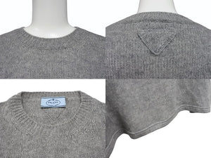 PRADA プラダ 19AW 半袖ニットTシャツ トップス P24U0R サイズ40 トライアングルパッチ グレー カシミヤ 美品 中古 4b006762