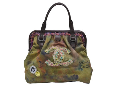 極美品 CHANEL シャネル エンブロイダリー グラフィティ がま口 ハンドバッグ カーキ A92791 アンティークシルバー金具 中古 4b006808