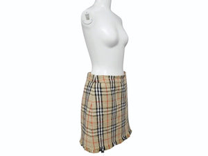 極美品 BURBERRY バーバリー ミニスカート ヴィンテージチェック フリンジ 8063228 コットン ヴァージンウール ポリミアド サイズ38 中古 4b006902