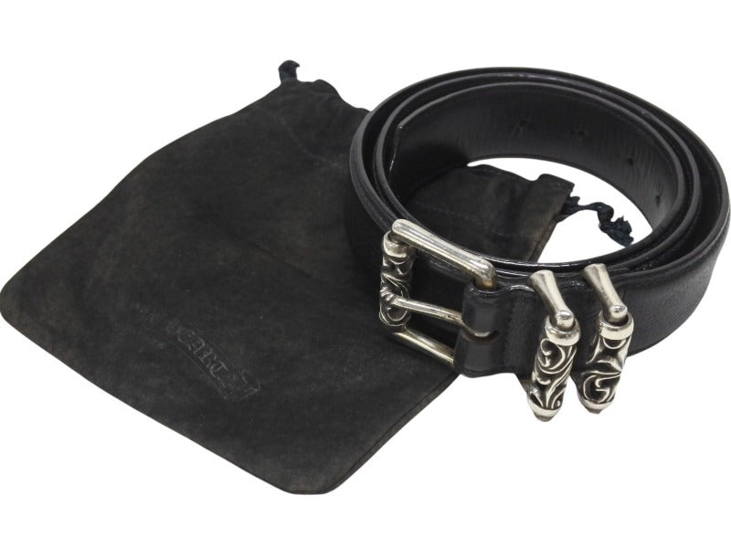 CHROME HEARTS クロムハーツ 3ピース ローラーベルト サイズ36 レザー シルバ−925 ブラック 美品 中古 4b006913