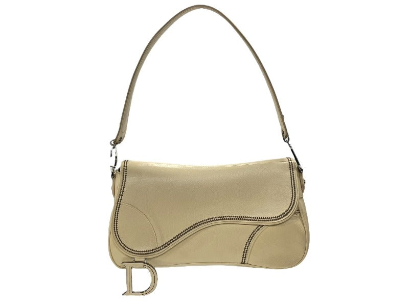 極美品 Christian Dior クリスチャンディオール サドルワンショルダーバッグ 01-RU-0055 ベージュ系 ロゴ金具 シルバー金具 中古 4b006924