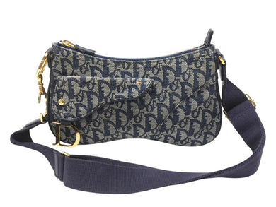 Christian Dior クリスチャンディオール サドルショルダーバッグ 07RU 0034 ネイビー トロッター柄 ガリアーノ期 美品 中古 4b006926
