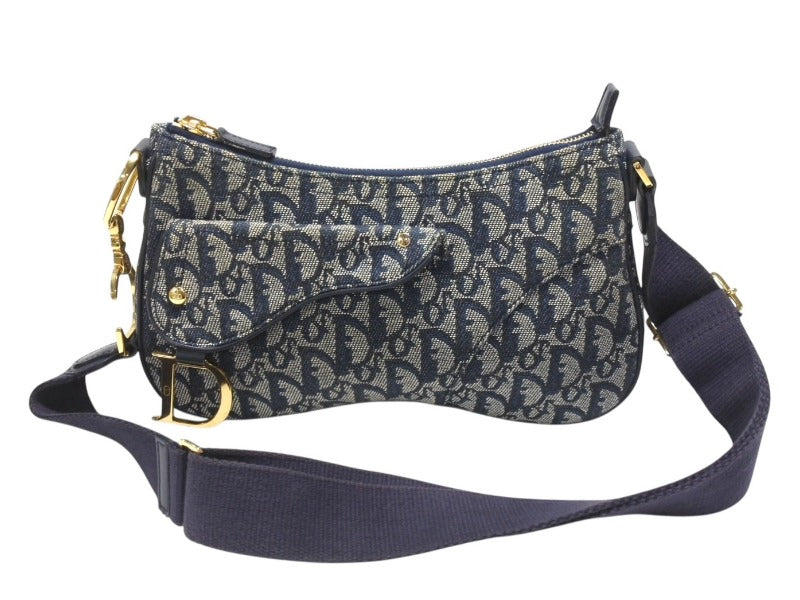 Christian Dior クリスチャンディオール サドルショルダーバッグ 07RU 0034 ネイビー トロッター柄 ガリアーノ期 美品 中古 4b006926