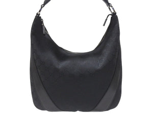 GUCCI グッチ ショルダーバッグ ホーボー ブラック シルバー金具 GGキャンバス レザー レディース 美品 中古 4b006930