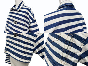 PRADA プラダ ロゴプレートボーダークロップドデニムジャケット GFB288 サイズ42 ホワイト ブルー 美品 中古 4b006947