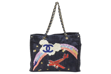 CHANEL シャネル チェーントートバッグ A31932 10番台 夜間飛行 刺繍 ココマーク デニム エンブロイダリー 美品 中古 4b006965