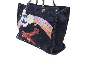 CHANEL シャネル チェーントートバッグ A31932 10番台 夜間飛行 刺繍 ココマーク デニム エンブロイダリー 美品 中古 4b006965