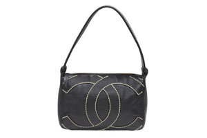極美品 CHANEL シャネル ワイルドステッチ ワンショルダーバッグ 9番台 ココマーク キャビアスキン ブラック ゴールド金具 中古 4b006992